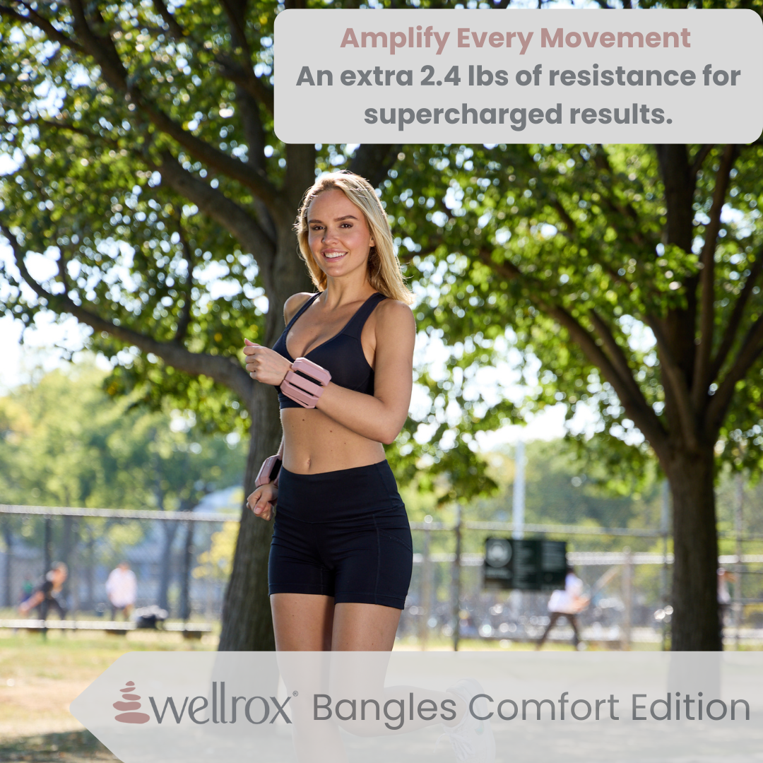 woman wearing stylish rose Adjustable 1lb weighted bangles in park to exercise