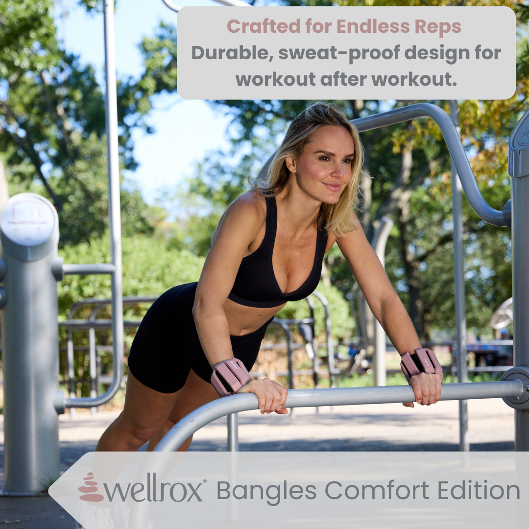 Woman exercising outdoors with Rose wearable wrist weights for pilates