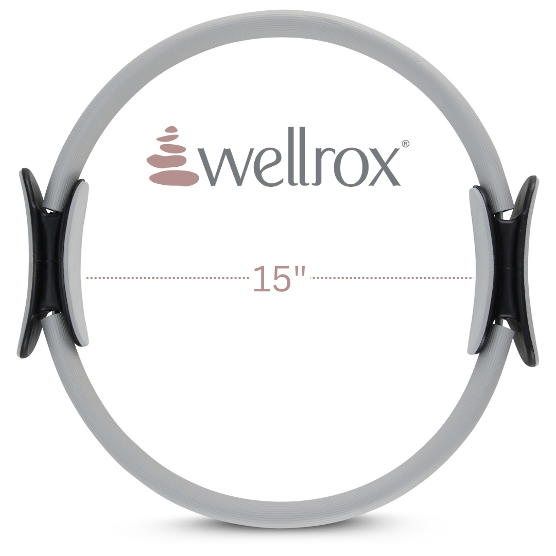 Gray Pilates ring with 'wellrox' branding and size indication