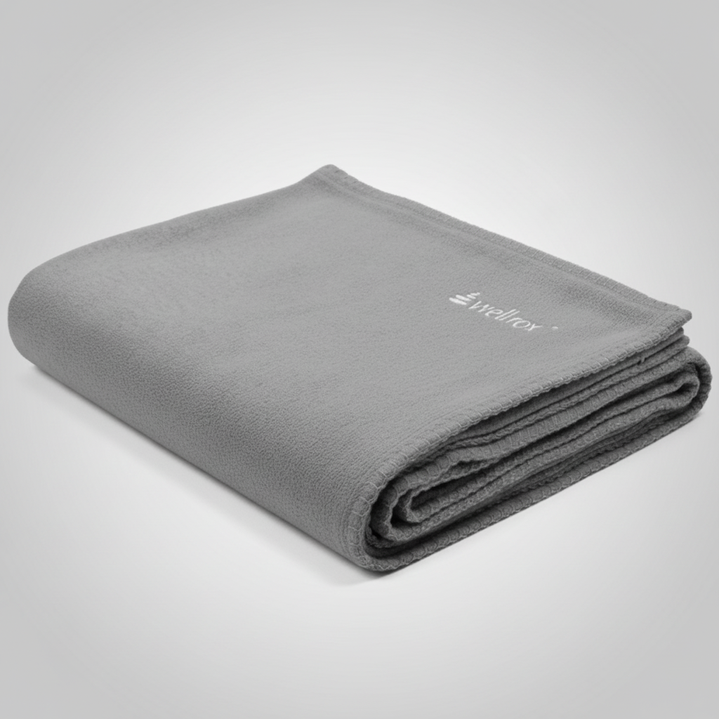 Folded gray hand-loomed Indian cotton soft cozy machine washable Wellrox mexican style yoga blanket 