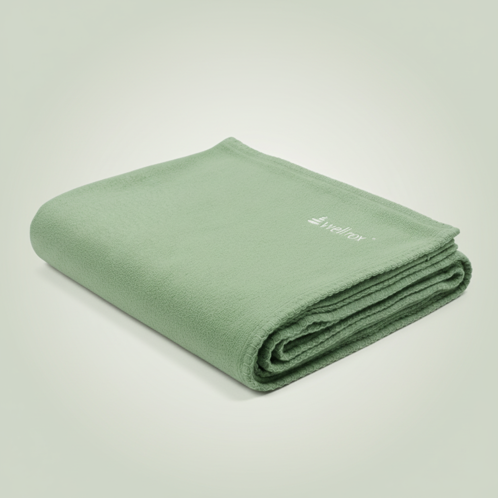 Folded green hand-loomed Indian cotton soft cozy machine washable Wellrox yoga blanket, restorative yoga prop
