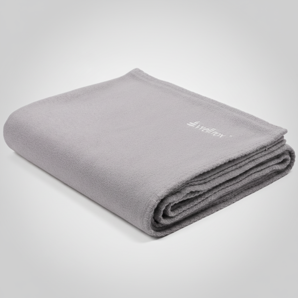 Folded gray hand-loomed Indian cotton soft cozy machine washable Wellrox thick cotton yoga blanket