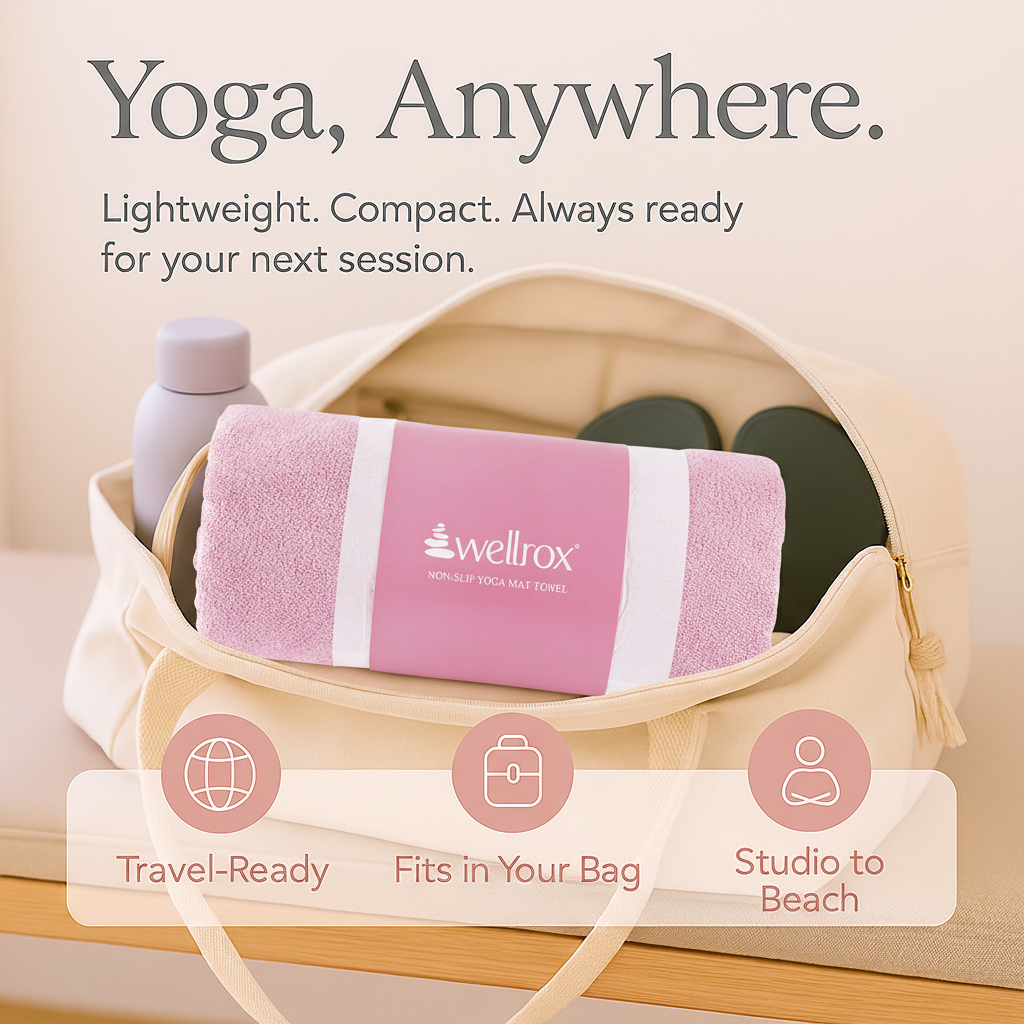 Pink yoga mat towel with 'wellrox' branding in a gym bag