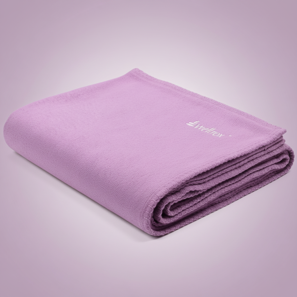 Folded lavendar hand-loomed Indian cotton soft machine washable Wellrox yoga blanket, restorative yoga prop
