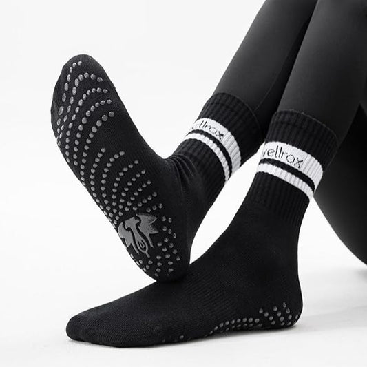 Black grip non-slip crew socks with Wellrox logo